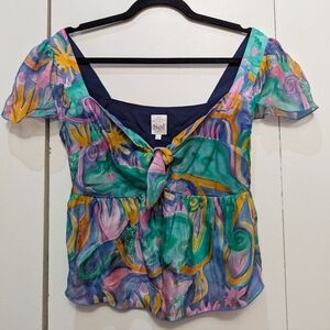 Print Stories by Soi Paris Colorful Top With Tie Front and Butterfly Sleeves